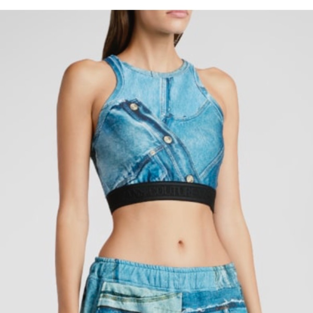 Versace Jeans Couture Denim Print Logo Brand Crop Top